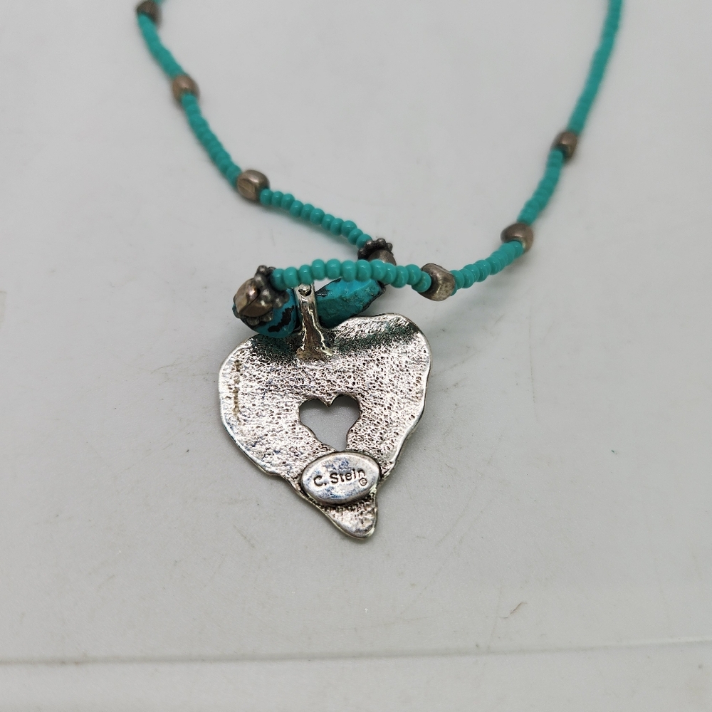 Vintage C Stein Heart W Stamped Cross Pendant Turquoise Bead Necklace Southwest - Picture 3 of 6
